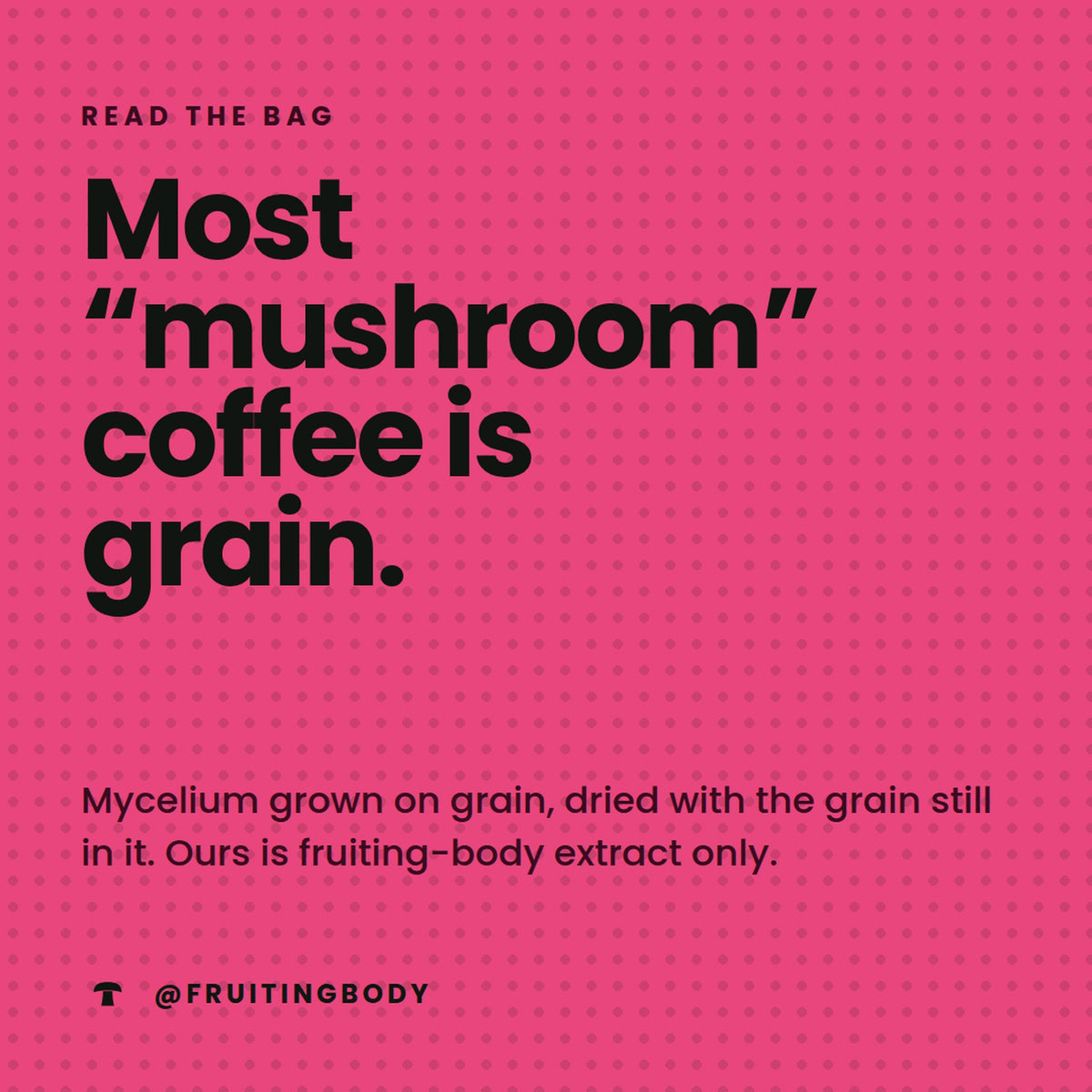 Fruiting Body claim card — real mushroom, doses on the label