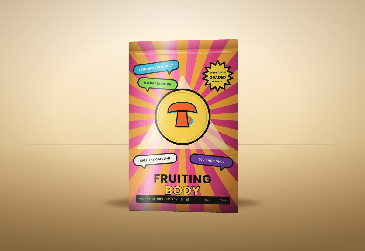 Fruiting Body Drop 01 pouch — pop-art front with the sun and pyramid