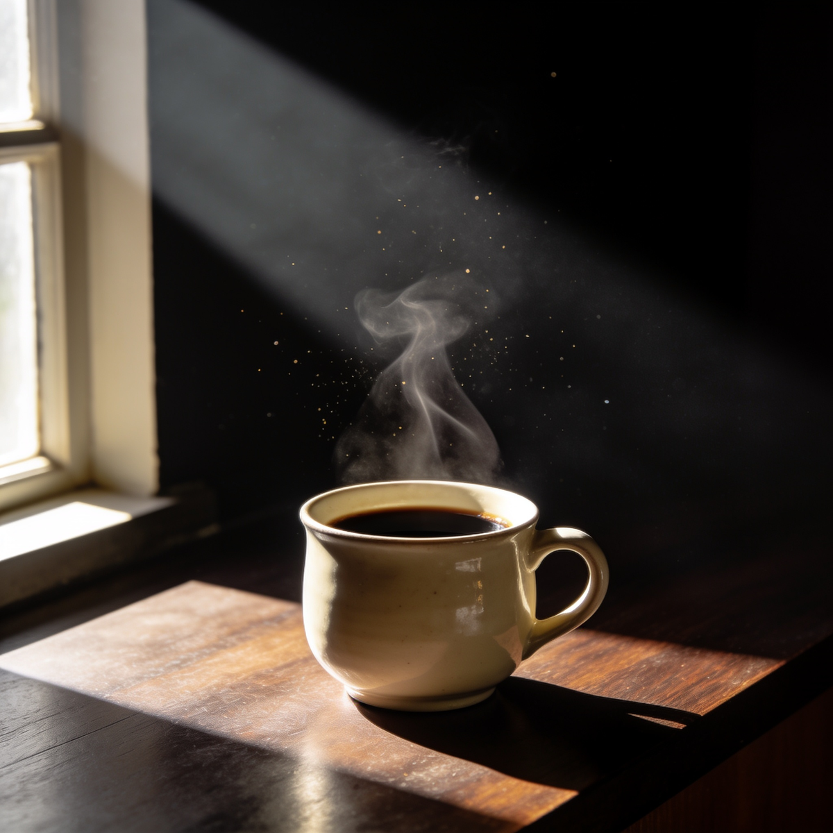 Cup of black Fruiting Body mushroom coffee steaming in hard morning light